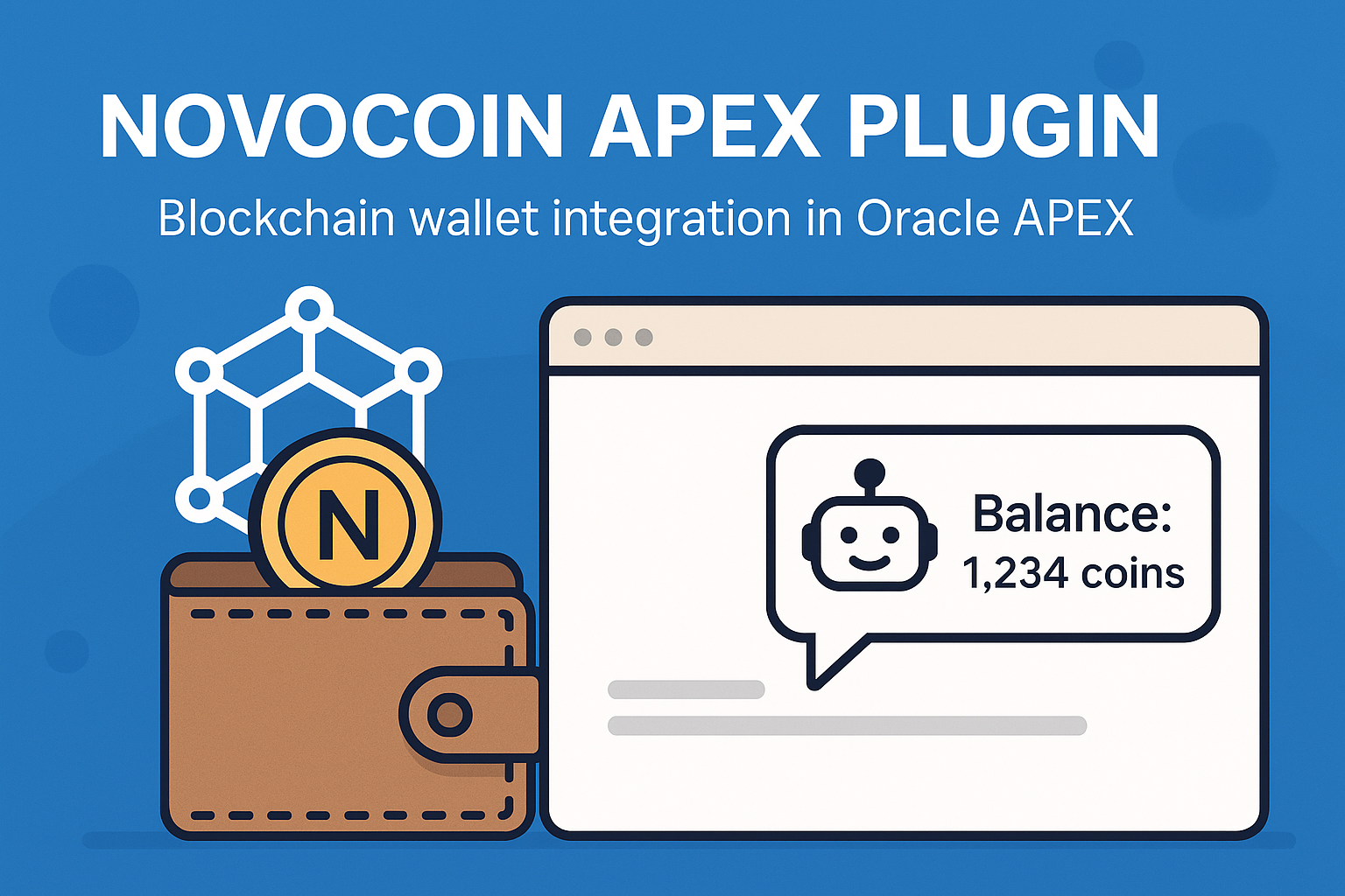 Illustration of Novocoin APEX Plugin showing a blockchain wallet and web interface displaying a token balance in Oracle APEX.